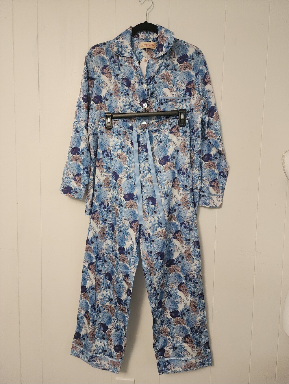 Papinelle Floral Pajama Set Cotton Blue & White XS NWT